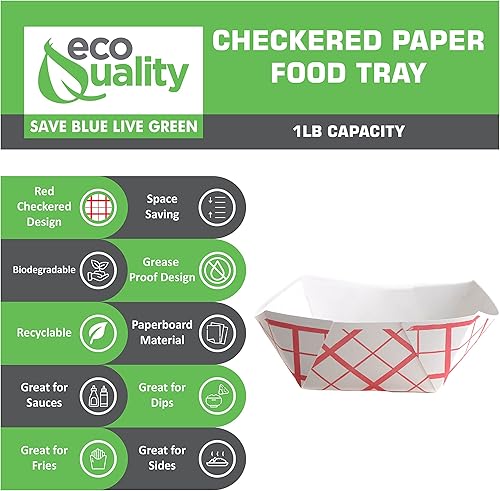 Miniatura 2 de Bandeja de papel desechable resistente de 100 unidades (1 libra), bandeja de alimentos a cuadros rojos, hecha en Estados Unidos, reciclable,