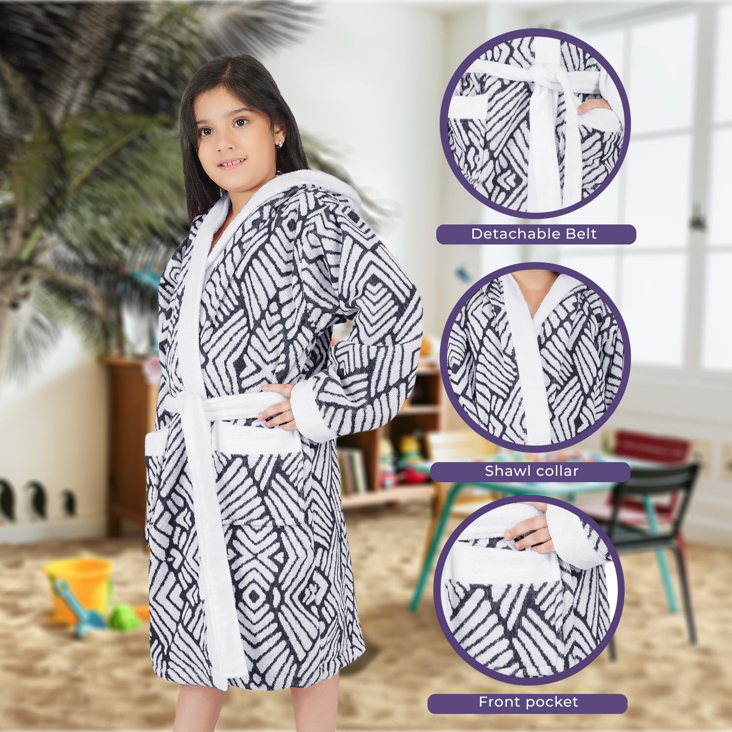 RANGOLI 100% Cotton Terry Hooded Knee Length Bathrobe for Kids, Unisex Bath Robe for Boys & Girls with 400 GSM Fabric and Stylish Printed Design (Navy Blue - 9 to 10 Years) |Jacquard Collection 4
