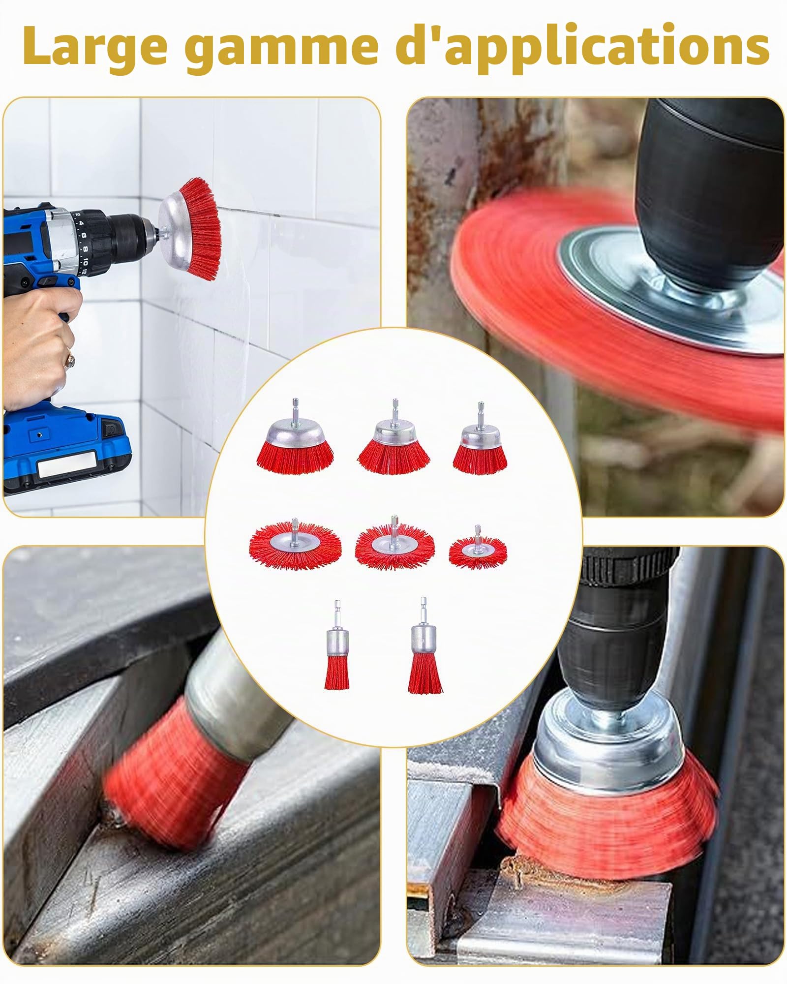 8 Pièces Brosse Nylon Perceuse: 8 tailles Debrosse Nylon Meuleuse Avec Arbre 1/4 pour Enlever la Rouille et la Corrosion de la Peinture