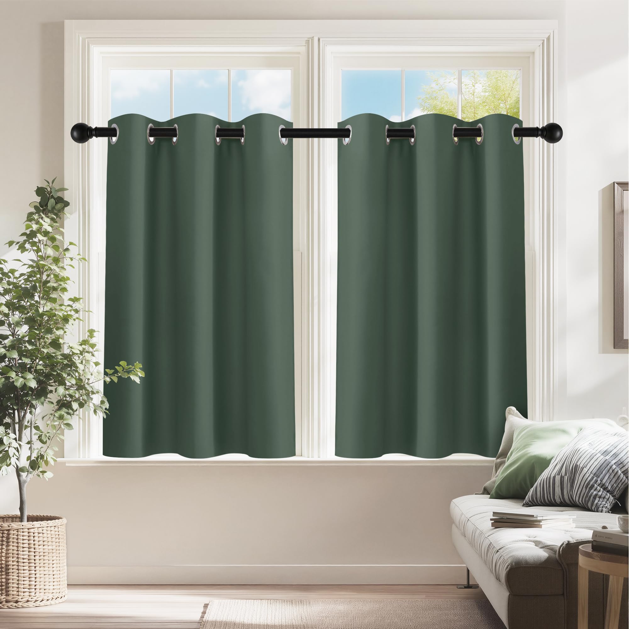 PONY DANCE Dark Green Short Blackout Curtains 36 inch Length for Kitchen