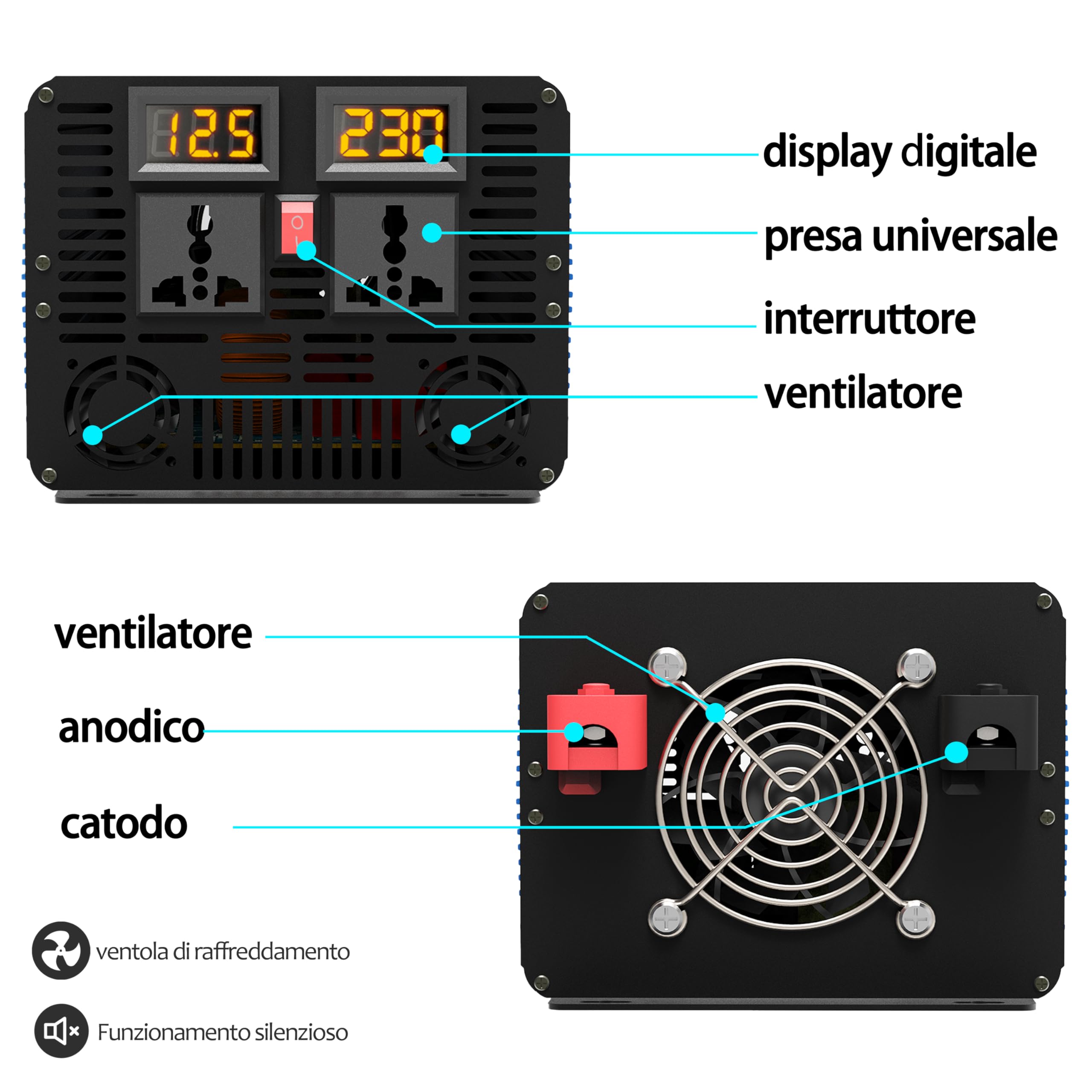 Convertisseur Pur Sinus 4000W (Pic 8000W) 12V 220V 230V, onduleur Solaire avec 2 écrans LCD, 2 Prises CA, convertisseur de Tension pour véhicules, Voiture Solaire, Camping-Car, appareils ménagers