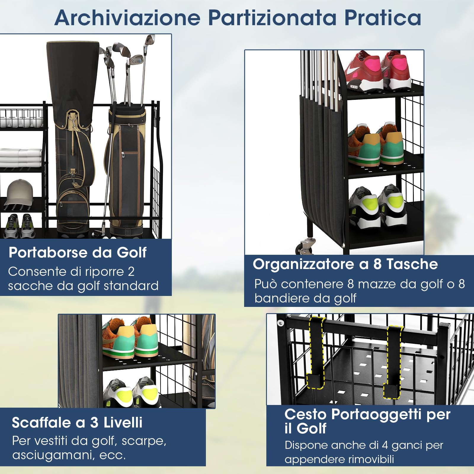 GYMAX Organizzatore per Sacche da Golf, con Ruote Bloccabili per 2 Sacche da Golf e 8 Mazze da Golf, 1 Cesto, 3 Ripiani e 4 Ganci per Attrezzature e Accessori da Golf