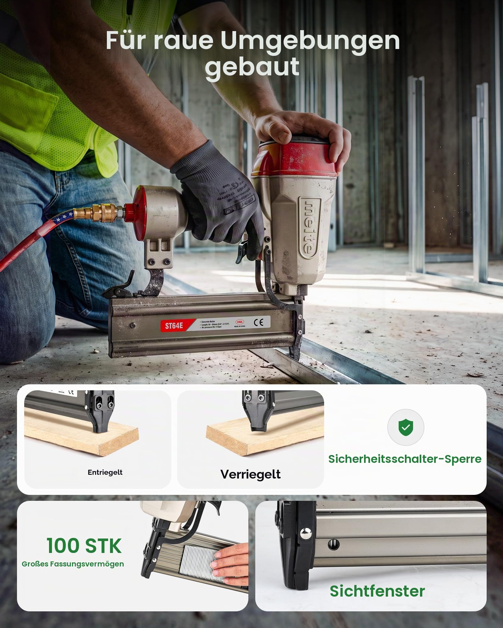 meite ST64E Beton-Nagelpistole mit 400 Stück 14 GA 2,5–0,6 cm T-Nägeln