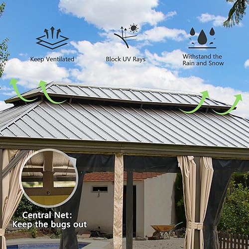 Miniatura 3 de Domi Outdoor Living Gazebo de aluminio para exteriores de 12 x 18 pies con techo doble de acero galvanizado para césped y jardín, con cortinas y red