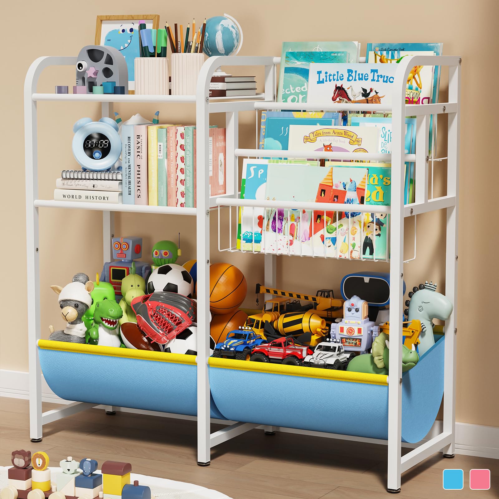 Estantería 3 en 1 para niños y organizador de almacenamiento de juguetes, organizador de libros Montessori para bebés, estante de exhibición de libros para niños pequeños, ideal para aulas