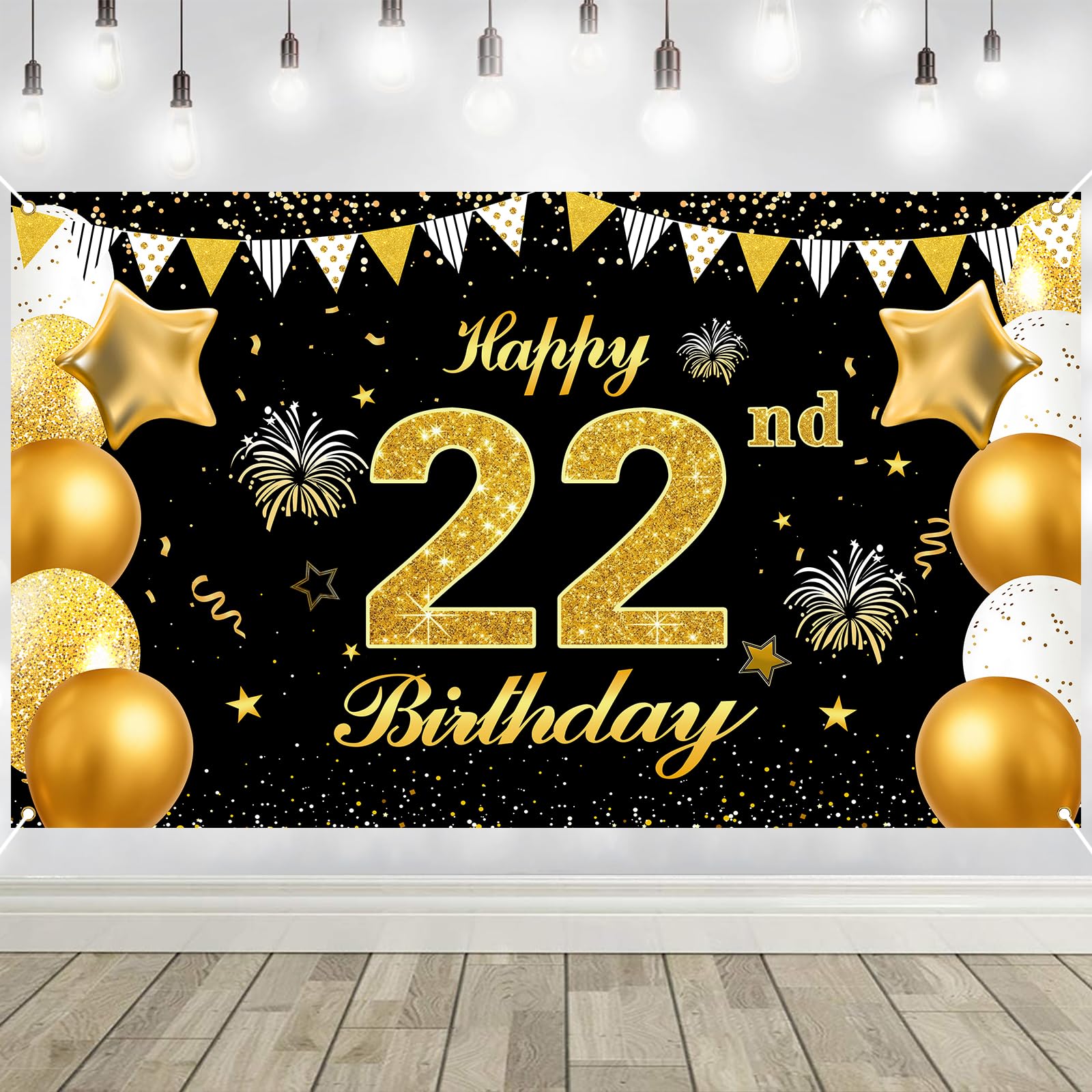 22nd Birthday Decorations Banner Gold Black Happy Birthday Door Banner for Party Photo Backdrop for Men Women Home Outdoor Cover Party Decoration Supplies Poster