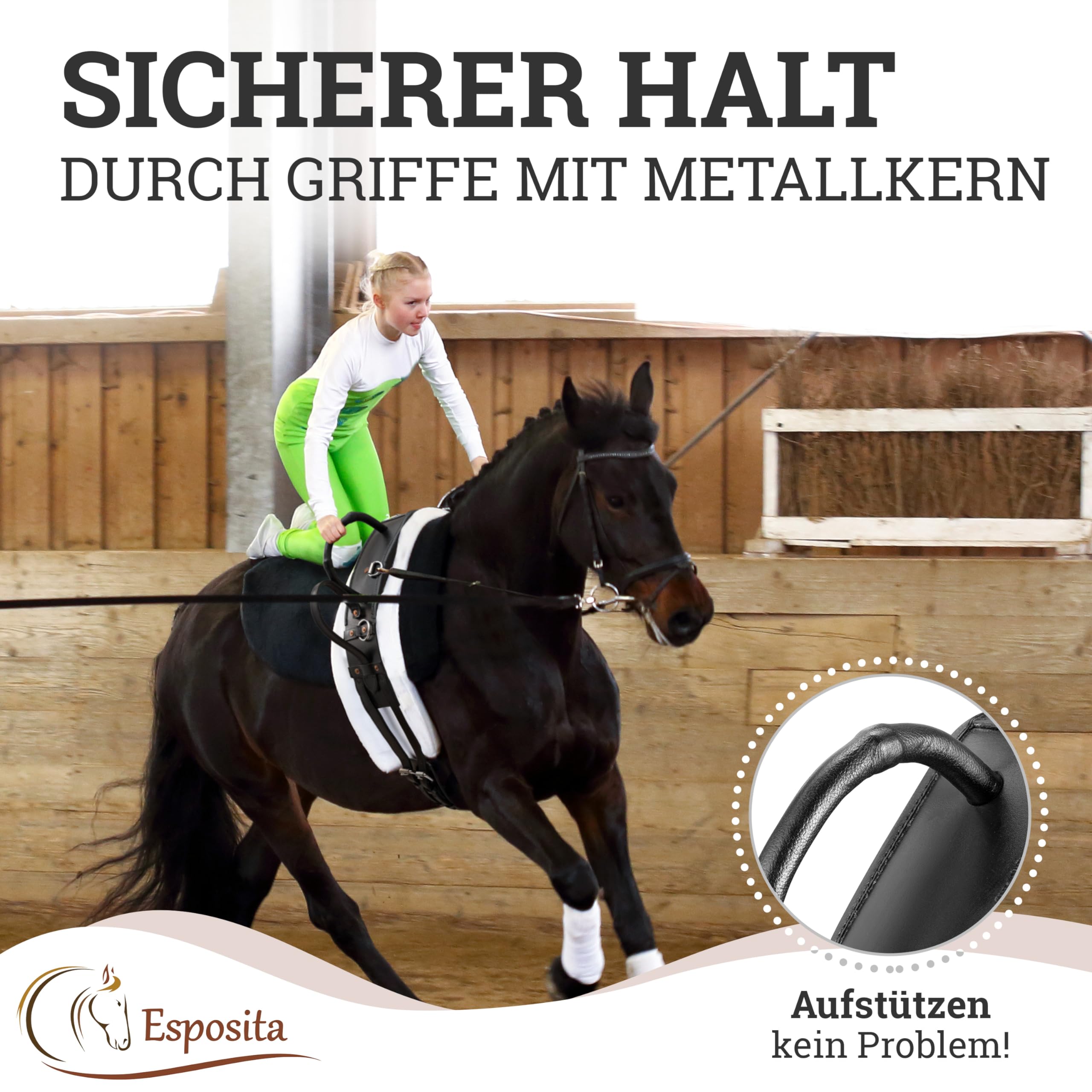 Esposita Voltigiergurt Hobby mit Beinschlaufen, festen Griffen mit Metallkern und breiter Wirbelsäulenfreiheit