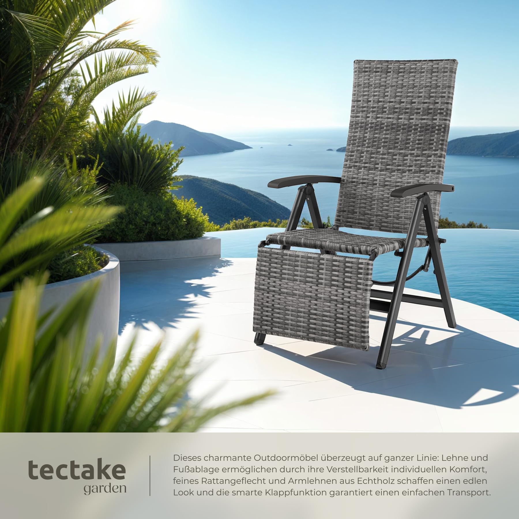 tectake®, Składany Fotel Ogrodowy, Rattanowe Krzesło Relaksacyjne, Regulacja Oparcia, Podnóżek, Plecionka UV, Aluminium, Antypoślizgowe Nóżki, Leżak Plażowy, Balkonowy, Na Taras (Szary)