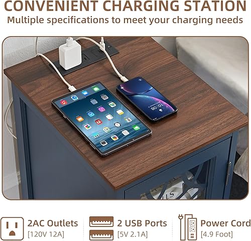 Miniatura 6 de Mesa auxiliar estrecha con estación de carga, mesita de noche con puerta de granero de cristal, mesas auxiliares de noche con estante ajustable,