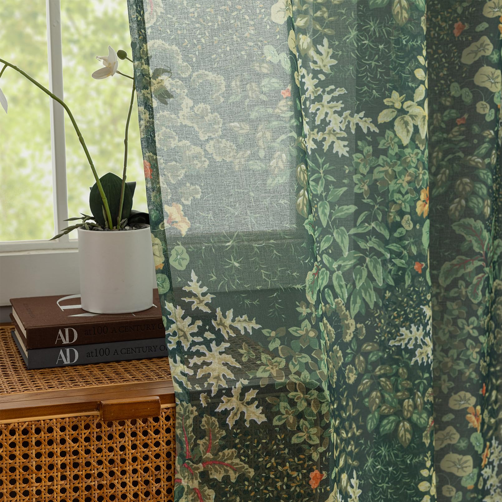 Dark Green Sheer Curtains 84 Inches Long 2 Panels Leaf Floral Pattened Vintage Cottagecore Botanical Curtains for Living Room, Rod Pocket Privacy Light Filtering Sheer Window Drapes, 50 x 84 Inch