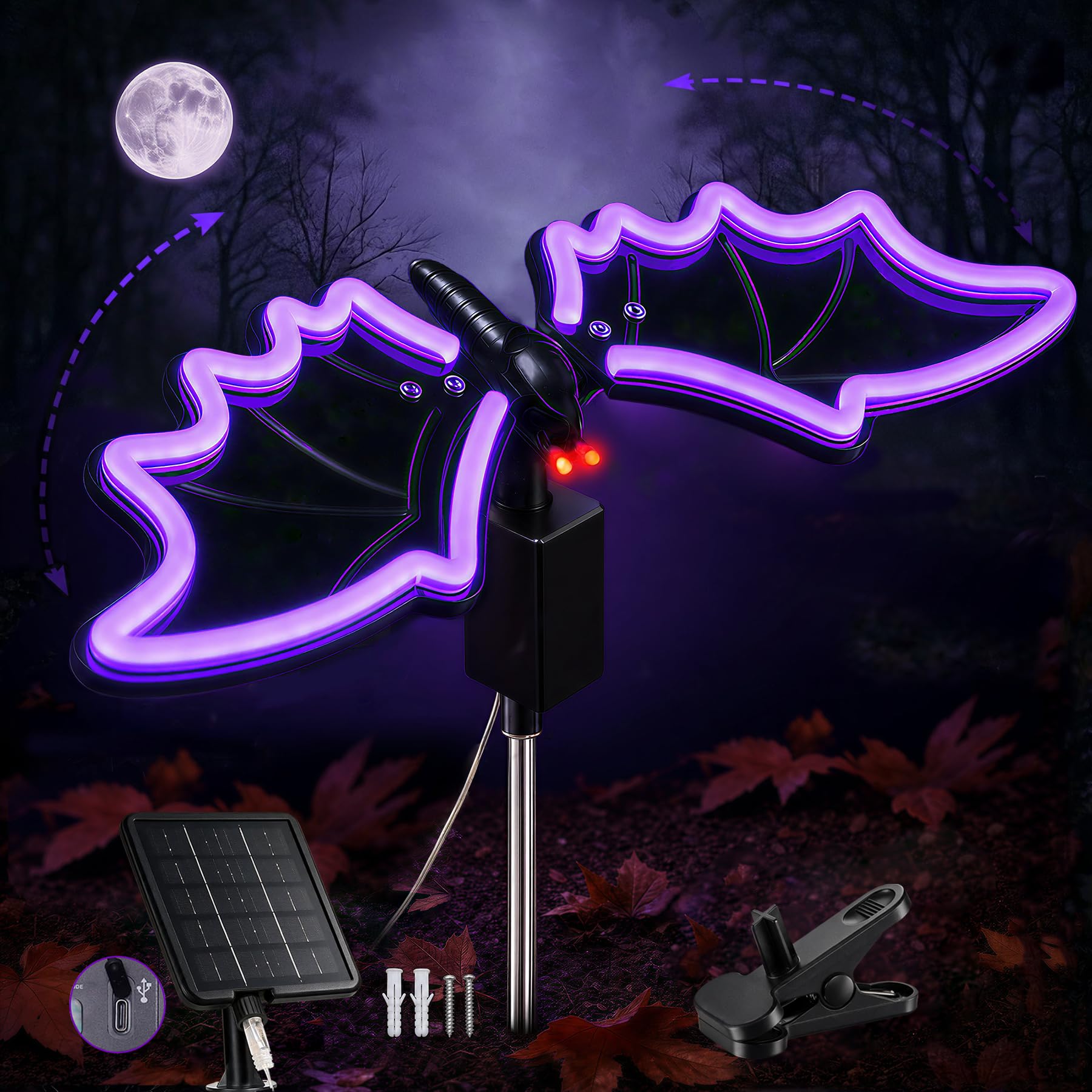 ITICdecor Halloween Solar Bat Light 14 inch Flapping-Wings Neon Bat Light
