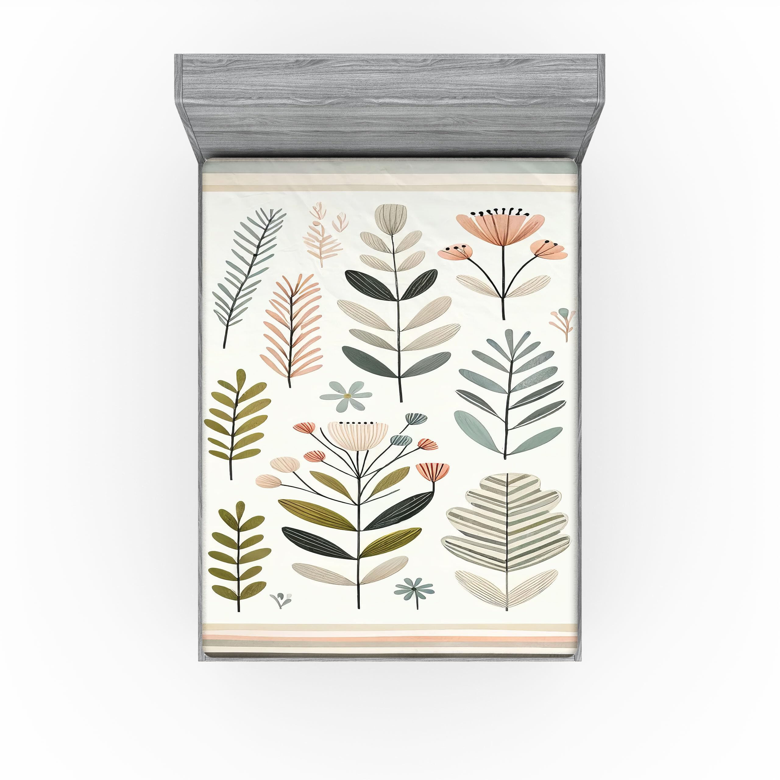 Ambesonne Mid Century Fitted Sheet, Modern Boho Leaves and Flowers Modern Scandi Design Pastel Stripes, Bed Cover with All-Round Elastic Deep Pocket for Comfort, Full Size, Olive Green Eggshell