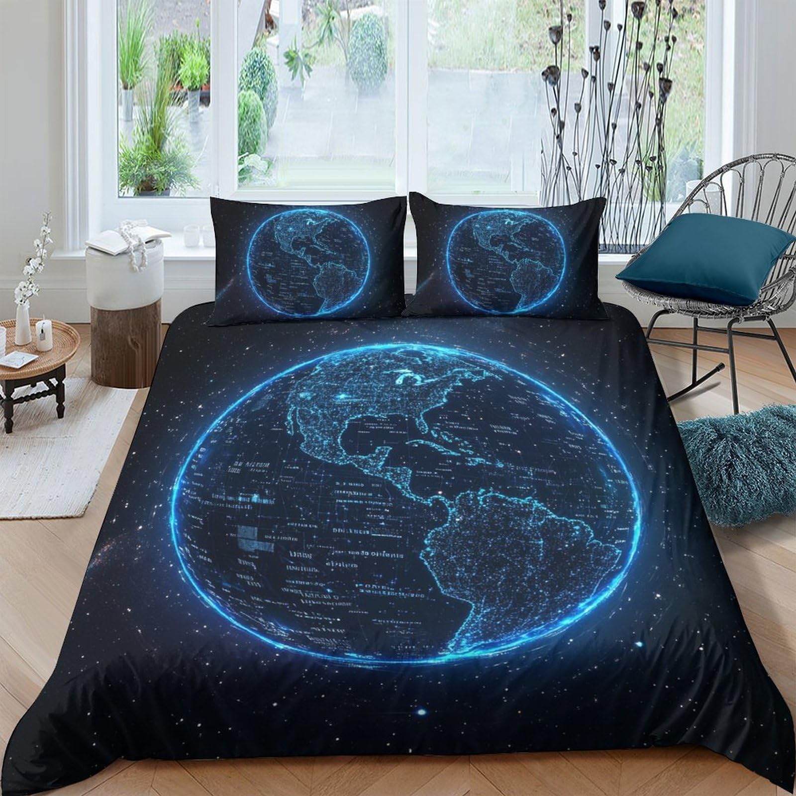 Ctjqhvkz Style-3 3D Printed Blue Earth Map Fitted Sheet Microfiber Bedroom Decor Cosmic Night Mattress Cover For Home Dorm Single（135X200cm）