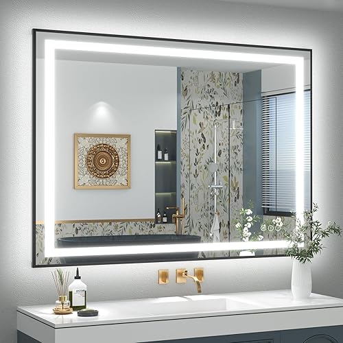 OKPAL Espejos de baño iluminados de 44 x 36 pulgadas, espejo de baño LED con marco negro, antiempañador, regulable, inastillable, memoria, 3