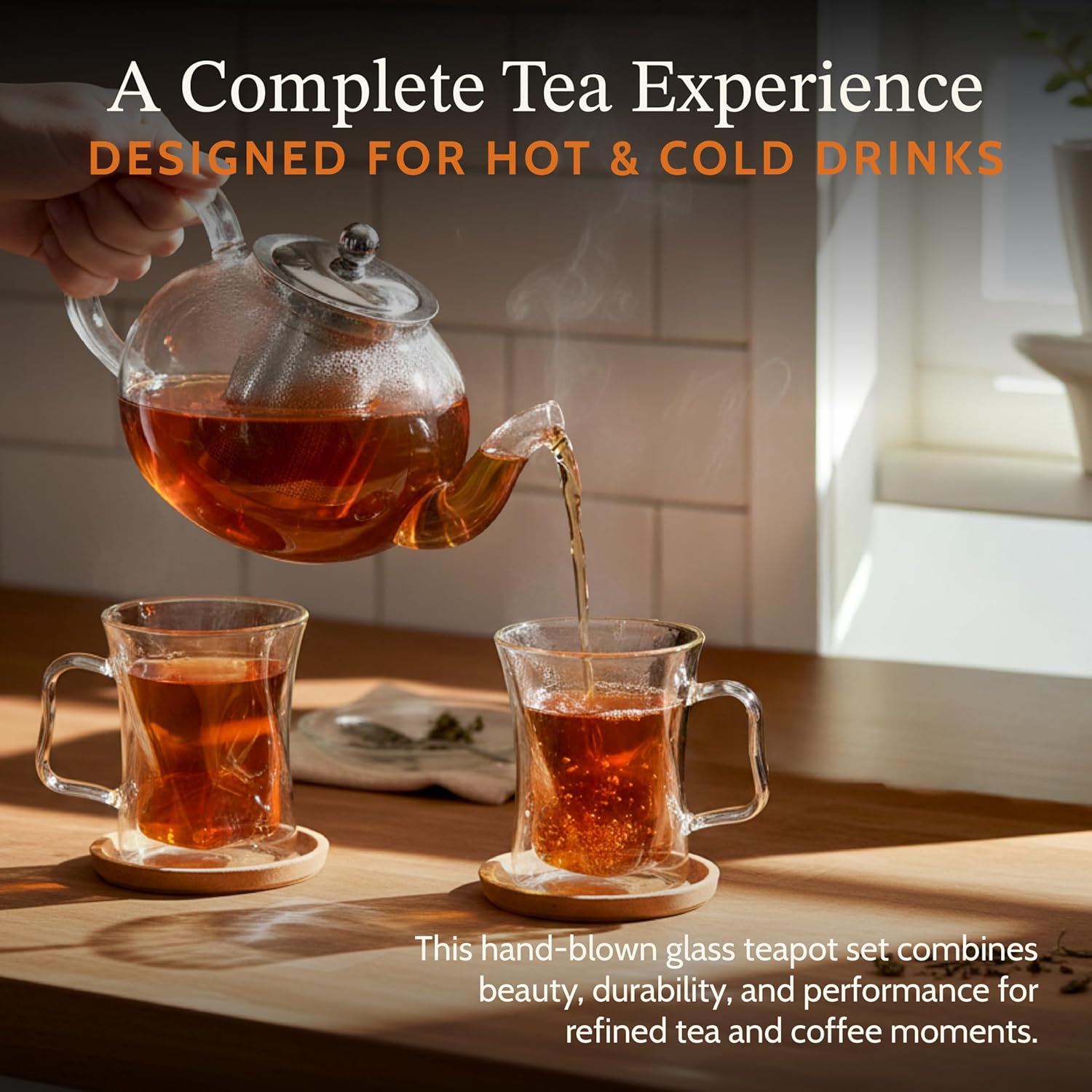 James Bentley Handblown Borosilicate Glassware Sets – 2-Piece Whiskey Glass Set with 2 Ice Ball Molds & 5-Piece Dishwasher-Safe Coffee & Tea Drinking Glasses Set for Adults