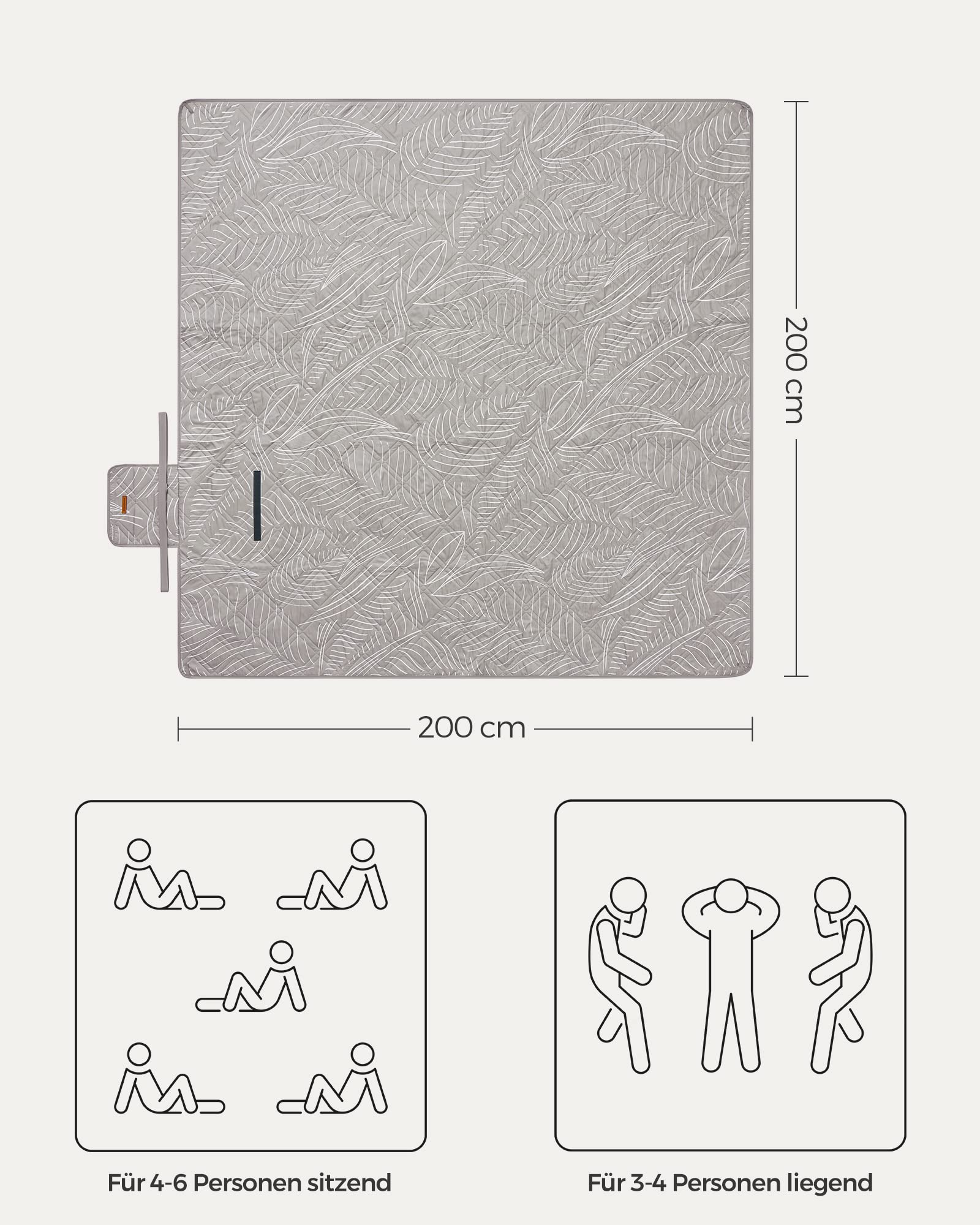 SONGMICS Picknickdecke, 200 x 200 cm, mit 4 Erdankern, groß, Campingdecke, für Park, Garten, Strand, wasserdicht, maschinenwaschbar, faltbar, Khaki mit tropischem Farn GCM010B02