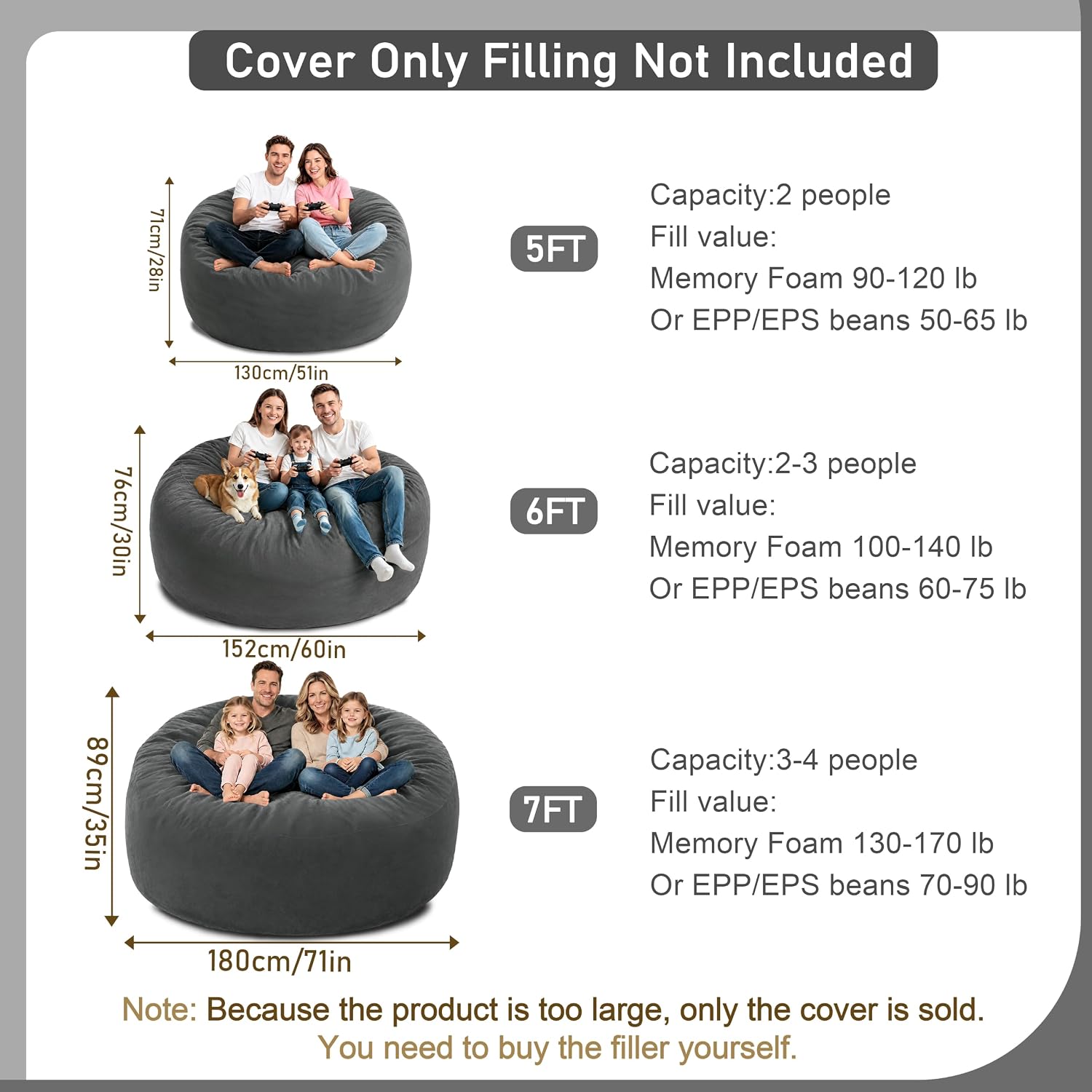 5FT Large Bean Bag Chair Cover - Soft Fluffy Dutch Velvet Bean Bag Bed (No Filling, Cover Only), Comfy 5FT Bean Bag Cover, Oversized Lazy Sofa Cover image 2