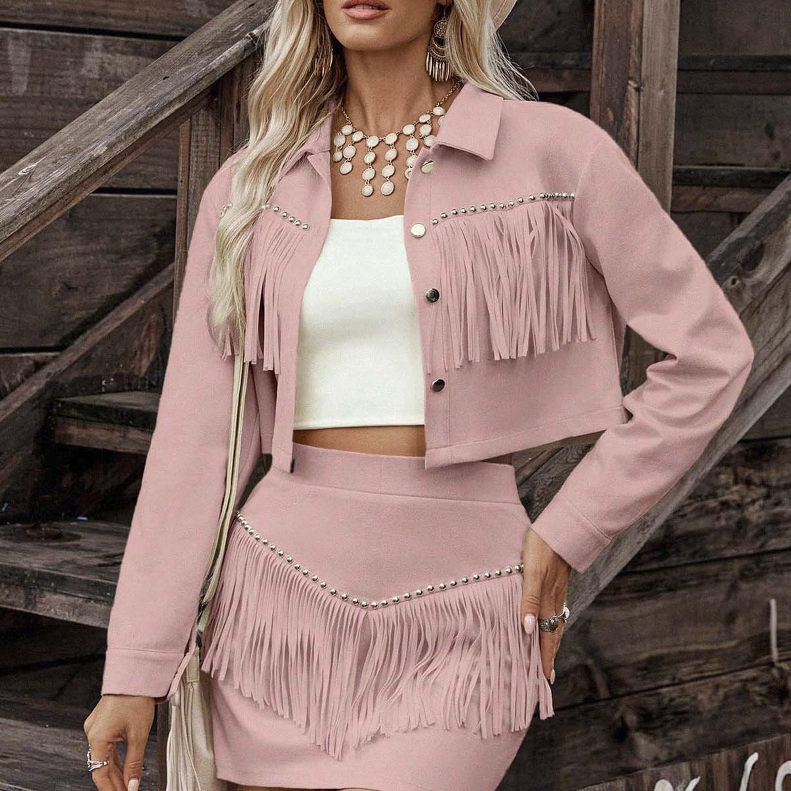 Veste en cuir synthétique pour femme à manches longues avec pompon, hippie, veste demi-saison, cowgirl, cowboy, costume de carnaval, manteau de moto, veste d'automne, tenue de festival de la