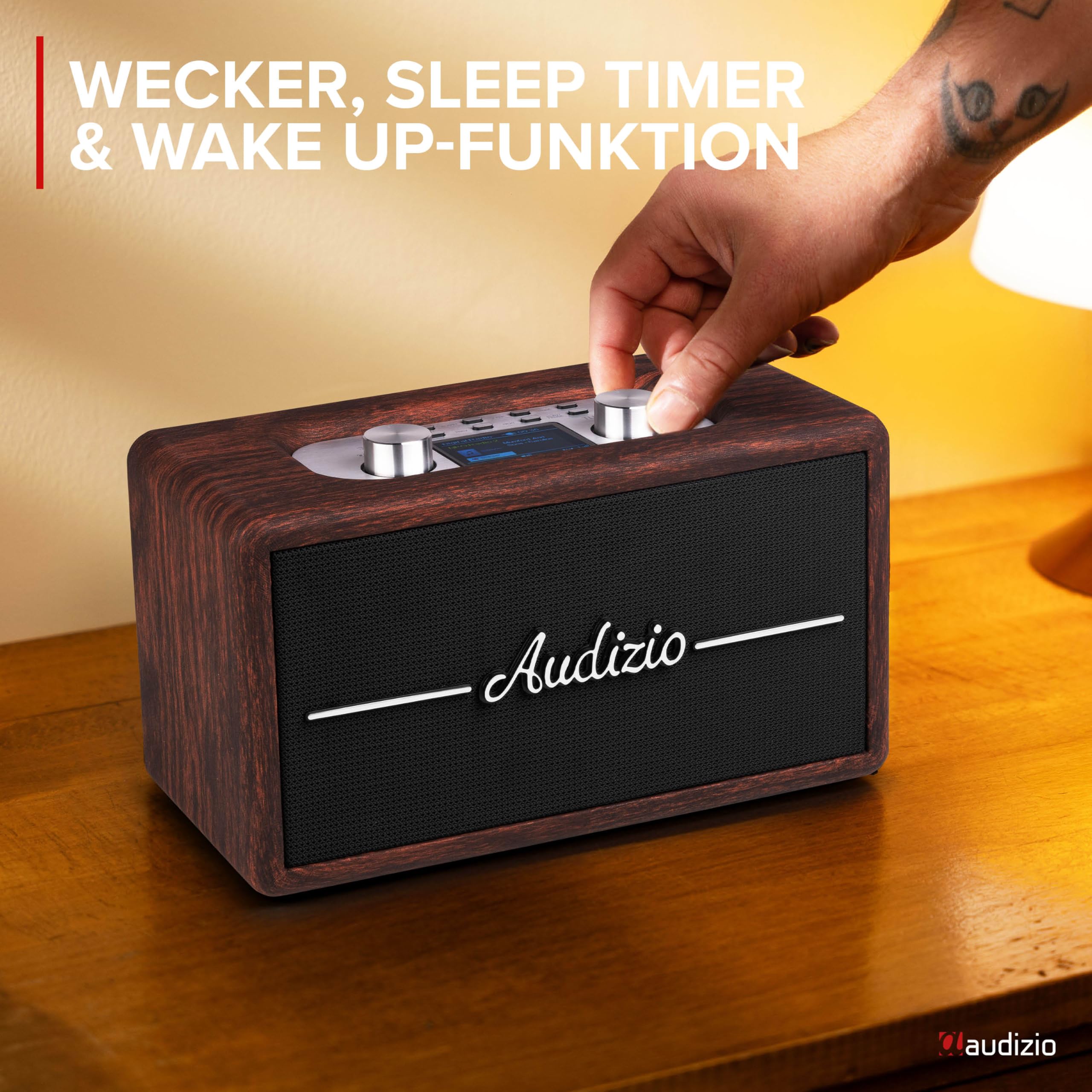 Audizio Tune60 - DAB Radio mit Bluetooth Lautsprecher, Fernbedienung, FM, 40 Watt, Batterie- Netzbetrieb, LCD, 20 Speicherplätze, USB/TF, AUX, Wecker, Leder Vintage DAB+ Radio - Dunkelbraun