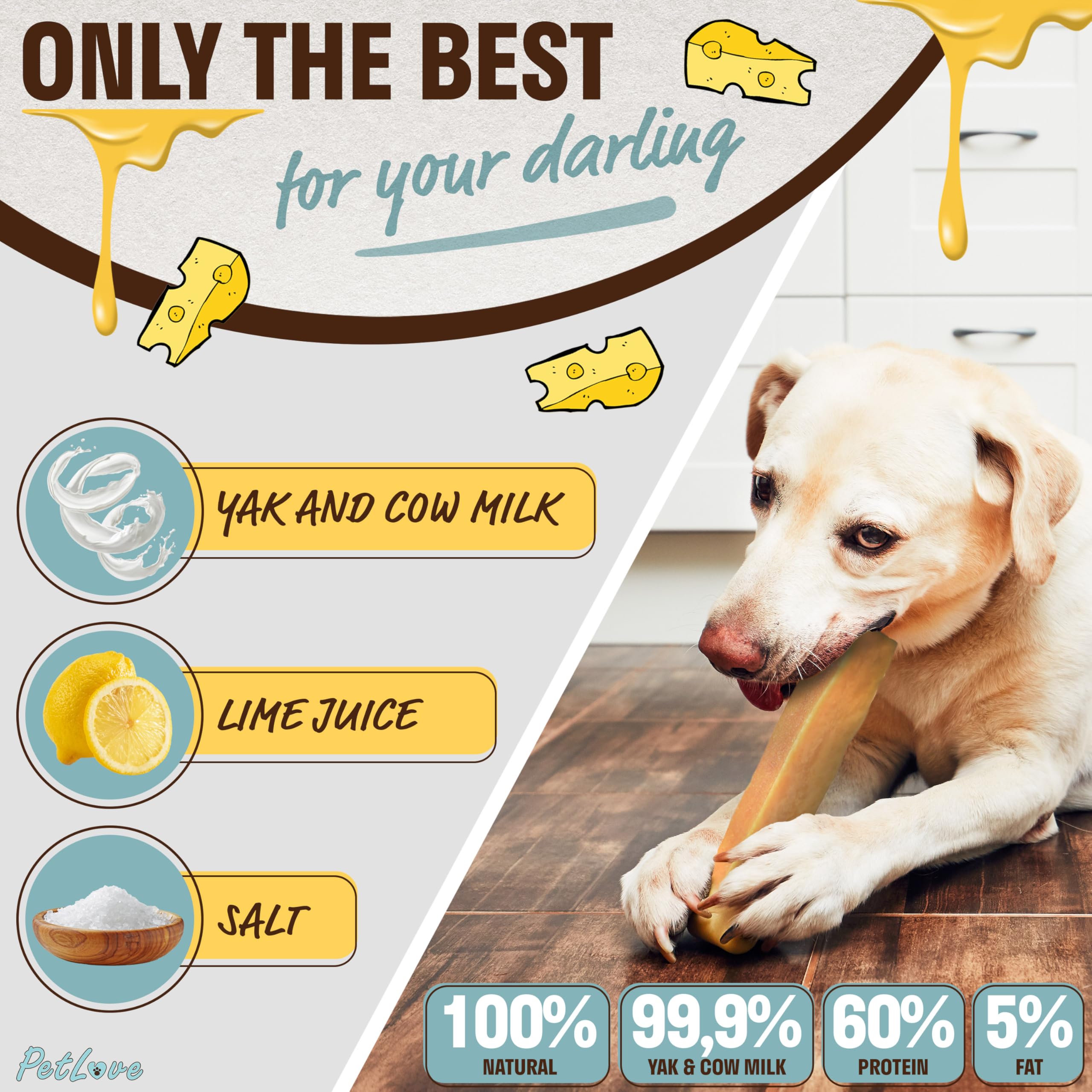 PetLove Himalayan Yak Lot de 6 bâtonnets à mâcher pour chien Taille L – Fromage dur naturel à mâcher pour grands chiens – Friandise à mâcher longue durée – Riche en protéines et sans additifs