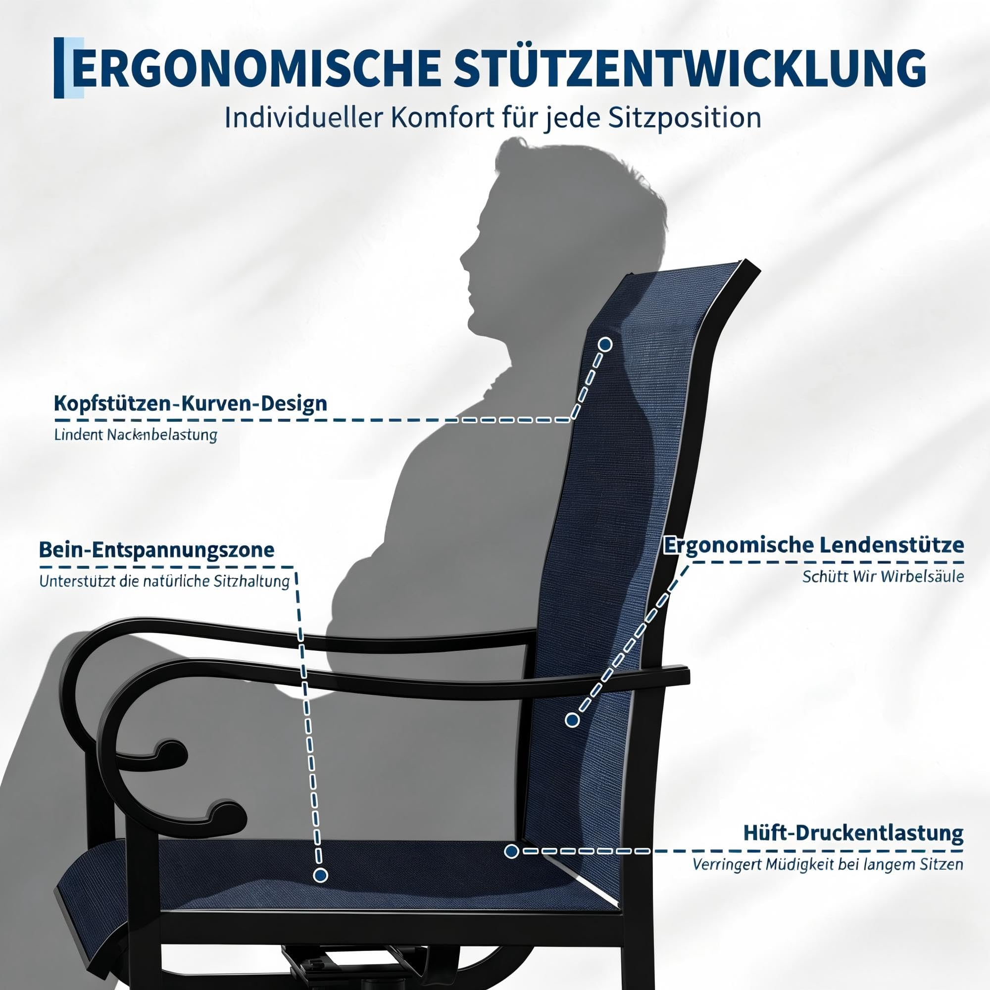 2er-Set Gartenstühle, 360° Drehbar & 15° Schaukelnd, Textilene, Hohe Rückenlehne, Patio-Drehstühle, Blau