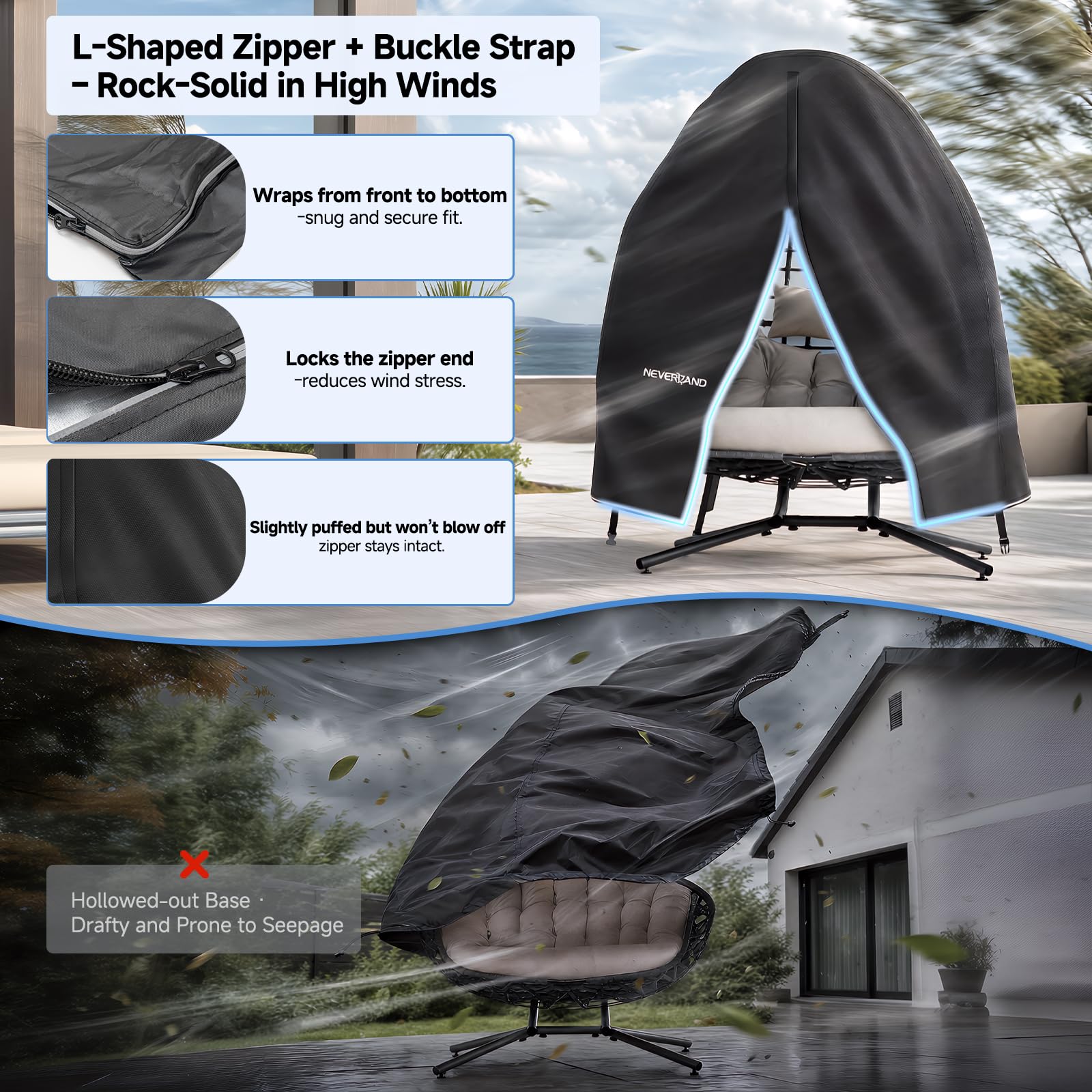 NEVERLAND Housse de Chaise Suspendue, 200 * 230CM 420D Oxford Housse de Chaise d'oeufs, Imperméable Bache de Protection pour Chaise de Jadin Extérieur Anti-UV avec Fermeture éclair
