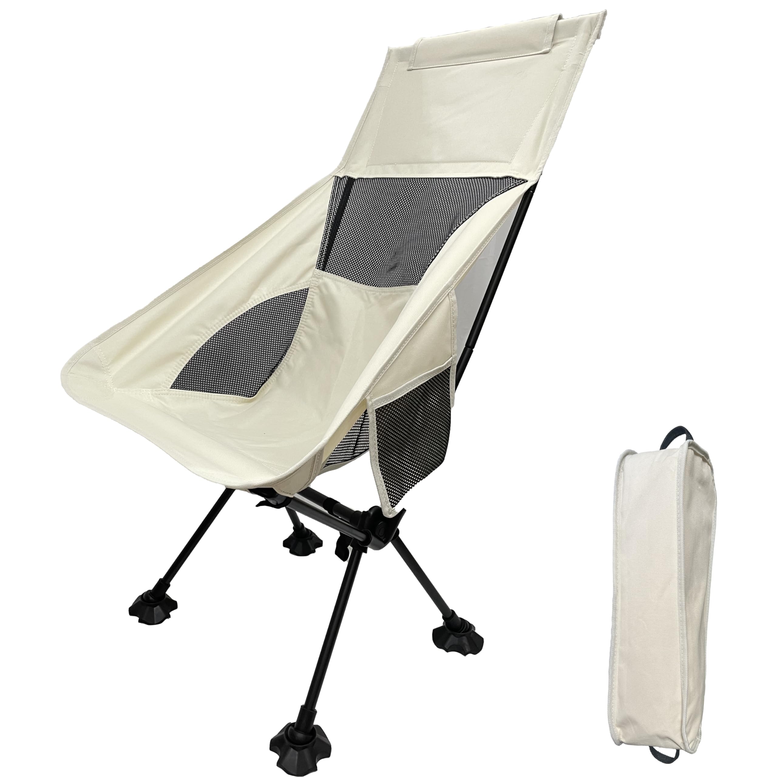 Surbootime Folding camping chair, quick installation, with headrest, side pockets, and carry bag, load-bearing 300 pounds, suitable for outdoor hiking, backpacking, barbecue, and fishing (white)