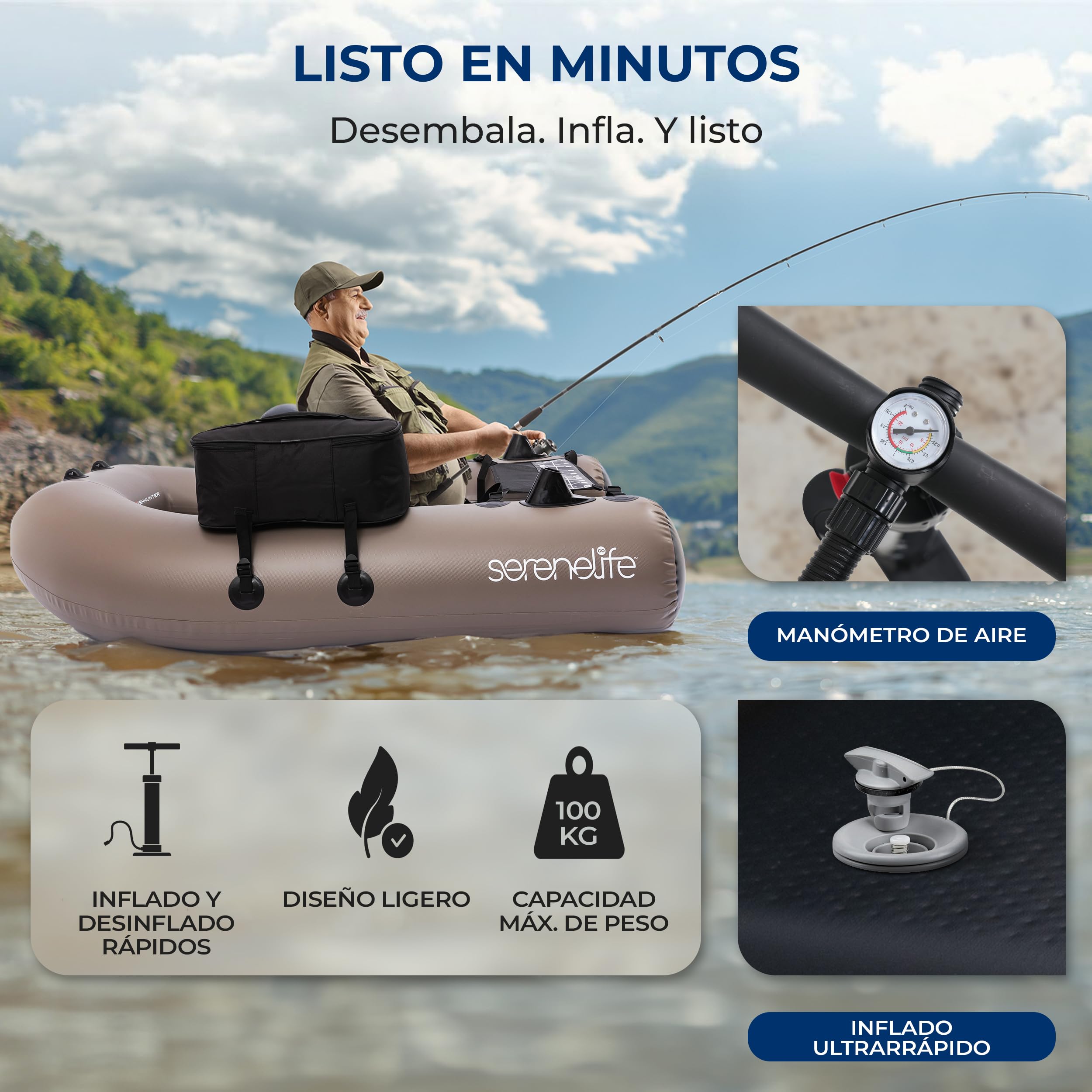 SereneLife Barca Hinchable de Pesca, Asiento Ajustable, Respaldo, con Bolsa de Transporte y Kit de Reparacion