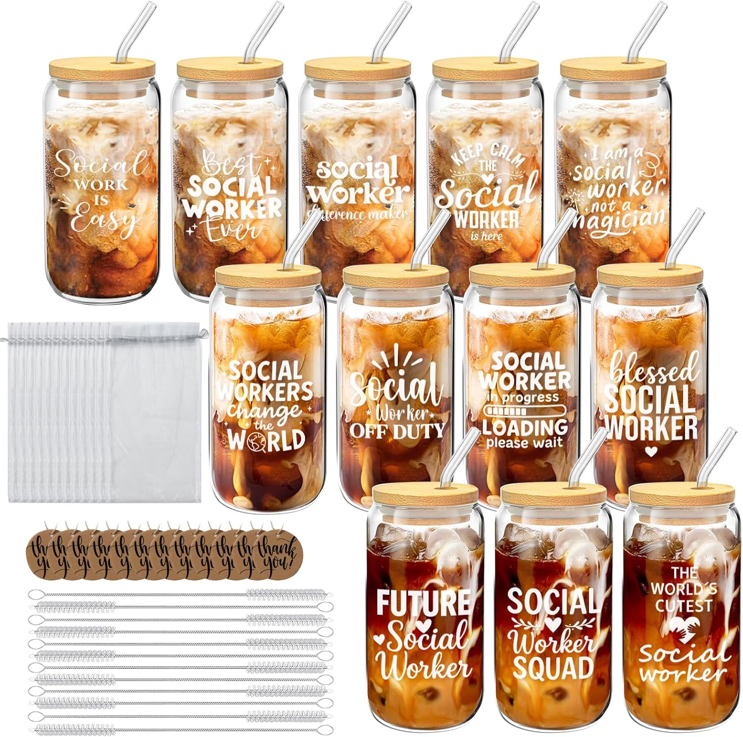 12 Set Social Worker Appreciation Gifts Bulk Christmas Gifts for Social Worker Employee Coworker Team Staff Thank You Gifts Glass Cups 16 oz with Lids Straws Brushes and Gift Cards
