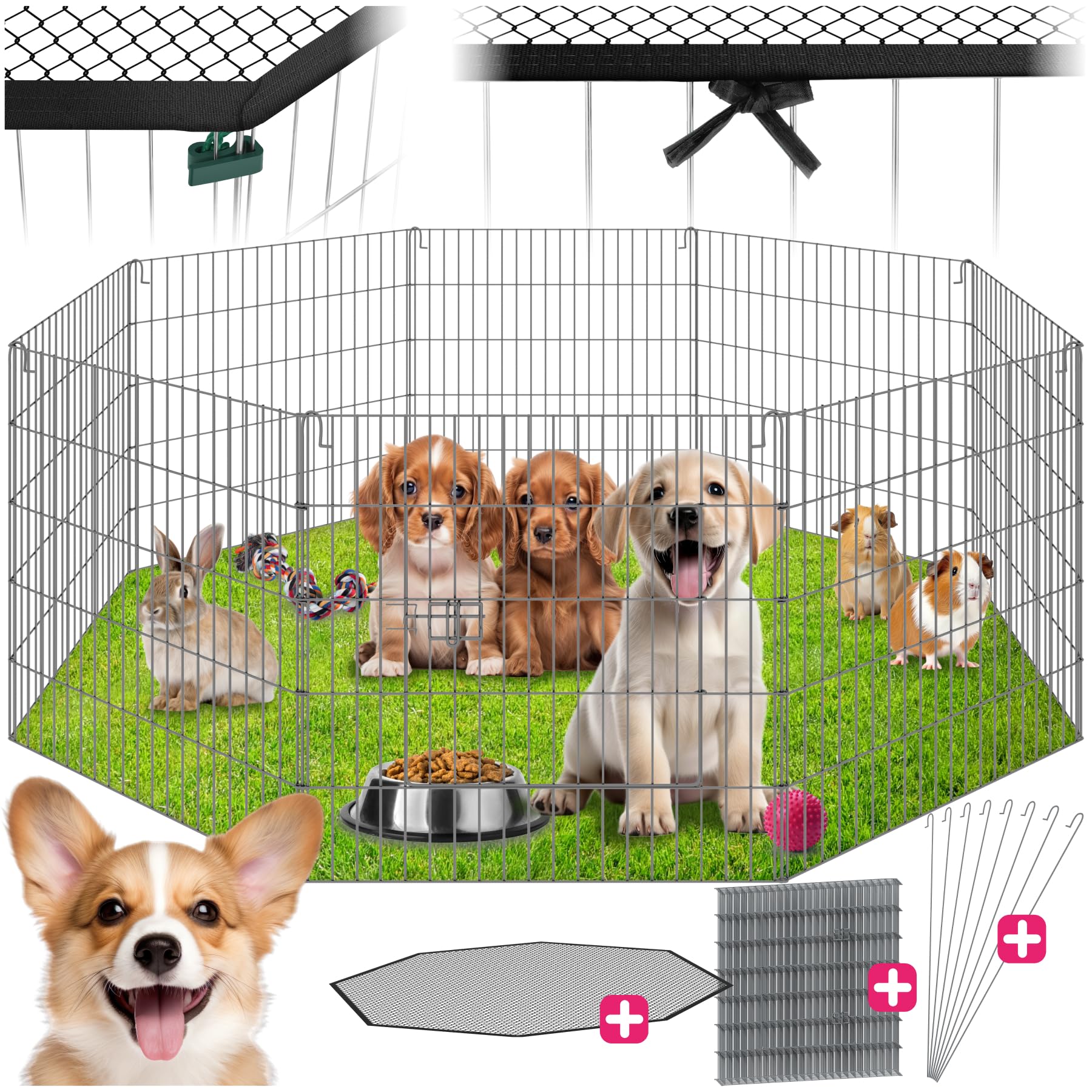 tectake® Freilaufgehege mit Schutznetz, Steckzaun Absperrgitter faltbar und erweiterbar, für Kleintiere, Kaninchen, als Hundegitter, Hundezaun Welpen, Freigehege Hasenstall, Outdoor Gehege