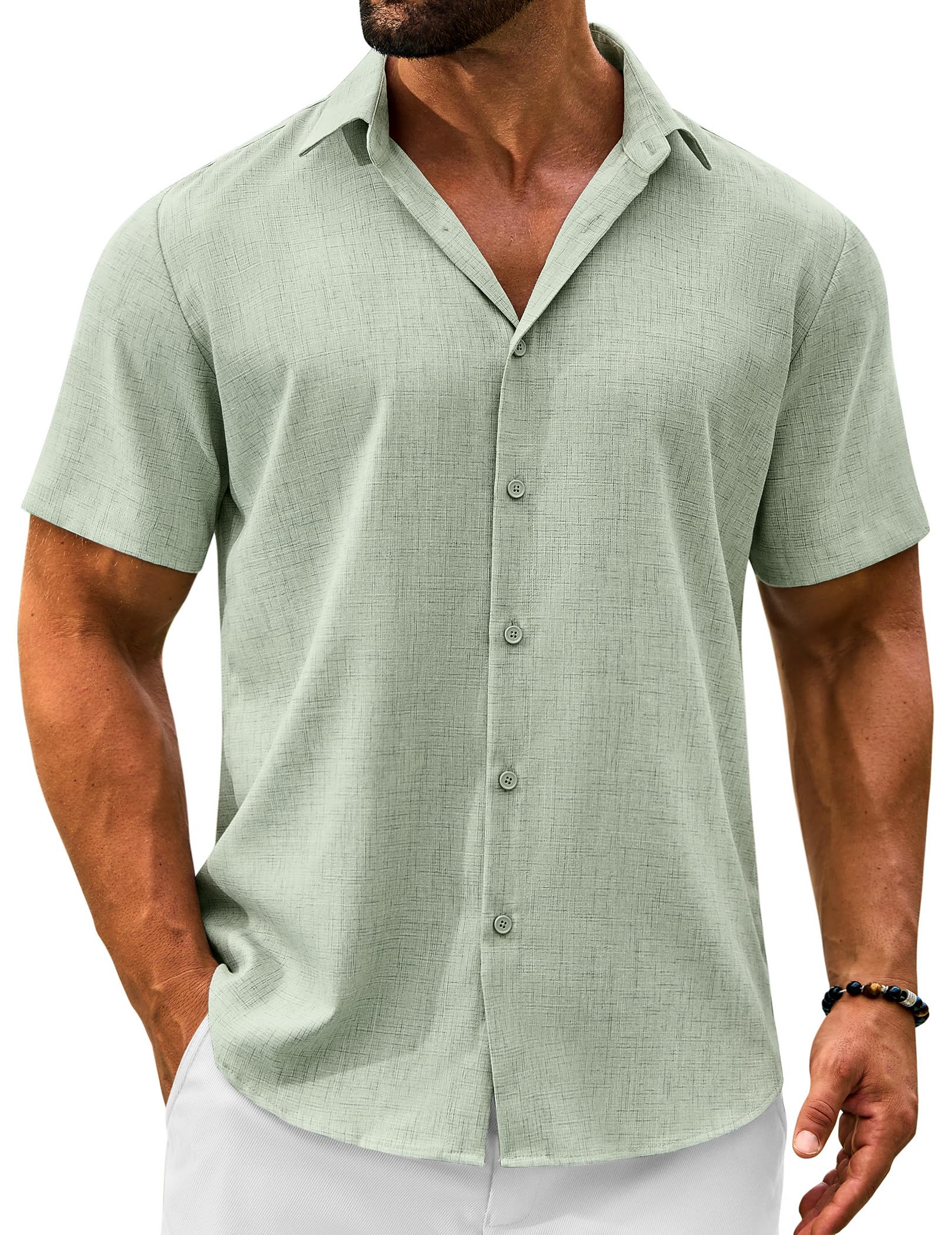 VOZZBY Men's Linen Shirts Short Sleeve Casual Button Down Shirts Summer Beach Wedding Vacation Cotton Tops