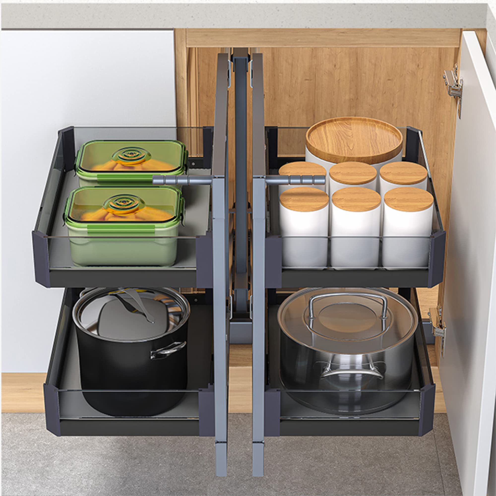 Organisateur d'armoire de Cuisine d'angle Mort à 2 Niveaux - Panier à tiroir extractible en Alliage d'aluminium avec Guide d'amortissement - pour Panier sous évier de Cuisine