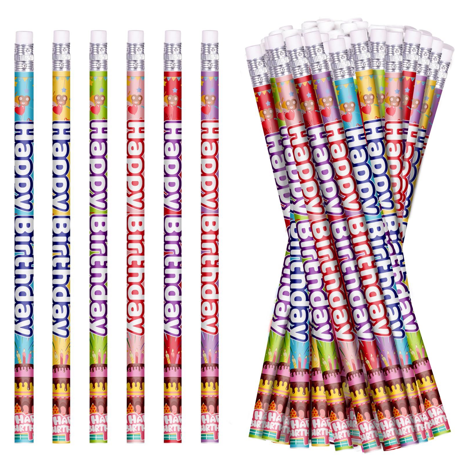 emzrivo Happy Birthday Pencils Colorful Birthday Pencil for Students Birthday Pencils with Erasers Birthday Pencils for Teacher Classroom Birthday Party Supplies, 6 Style (24)