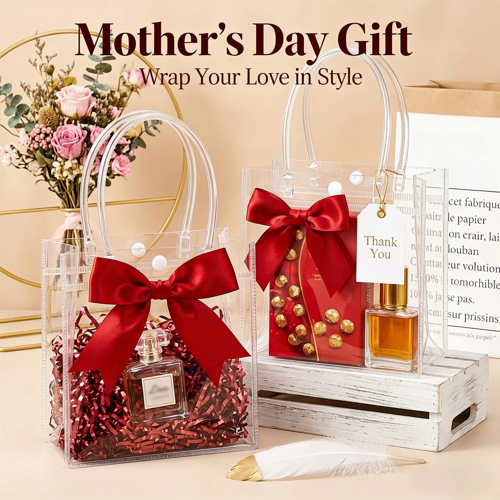 MAQIHAN Clear Gift Bags with Handles - 10 Party Favor Candy Bags, Plastic Goodie Bags Transparent, bolsitas, for Valentines, Mother's Day, Christmas, Baby Shower, Wedding, Birthday, Mini 5.9'' x 6.3''