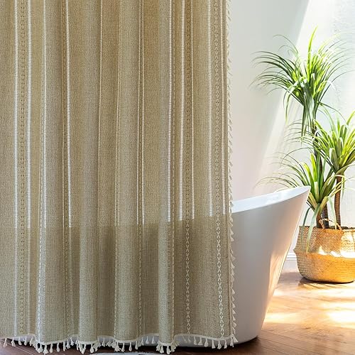 Cortina de ducha bohemia de tela de lino naranja para baño, resistente, cuadrada, bordada, borla, moderna, juego de cortina de ducha impermeable, 72