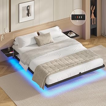 AOGLLATI Metal Bed Frame 180 x 200 cm Bed 180 x 200 cm with LED Lighting and Charging Station Floating Bed Frame with Storage Shelves Metal Bed with Slatted Frame Double Bed Black Mattress Not Included