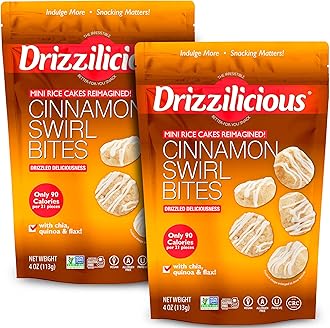 Drizzilicious Mini Rice Cakes Cinnamon Swirl - Rice Crisps, Healthy Snack for Adults and Kids, Flavored Rice Cakes, Vegan, Gluten Free, Allergen Free, Only 90 Calories Per 21 Pieces - 8 oz