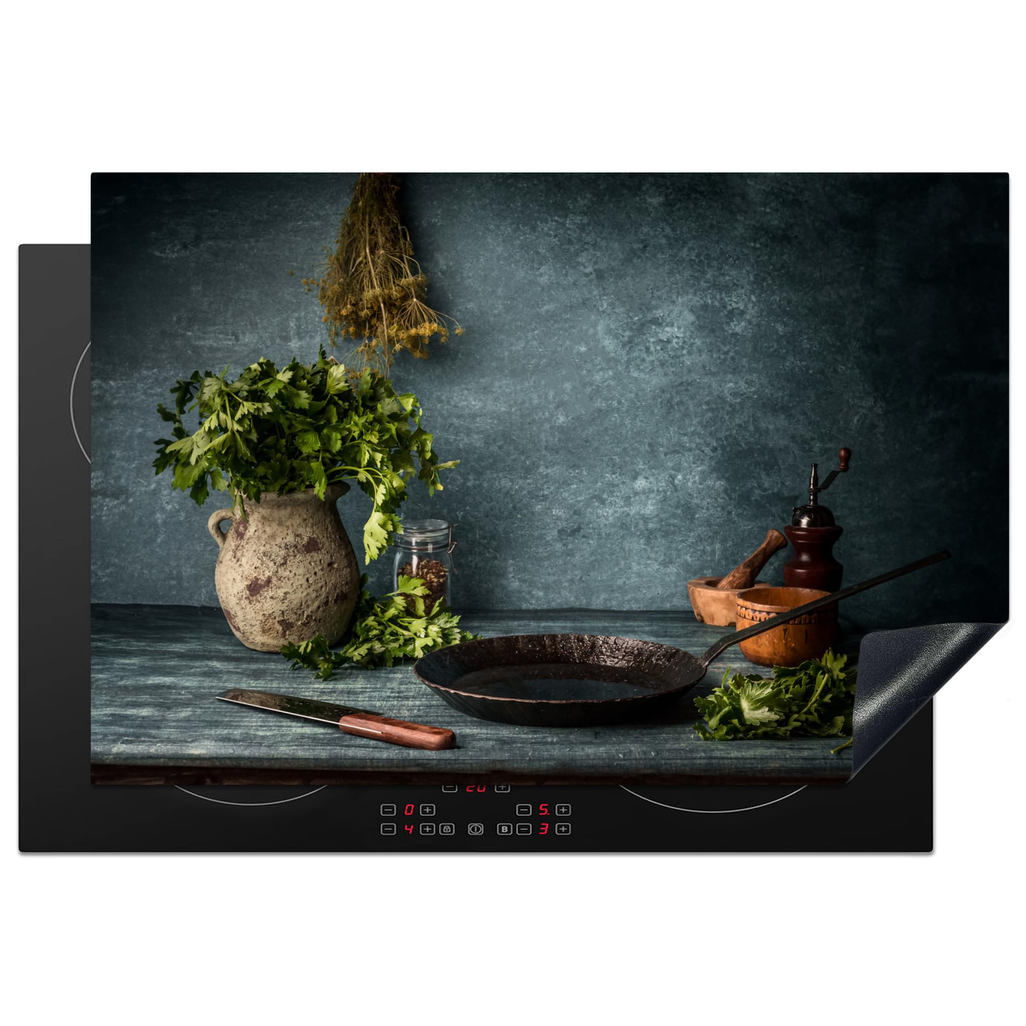 KitchenYeah© Induction Hob Protector Mat 20.5"x30.7" / 78x52 cm Cooker Top Protectors Cover Ceramic Covers Electric Hobs Vinyl Herbs - Spices - Pan - Knife - Grey - Rustic