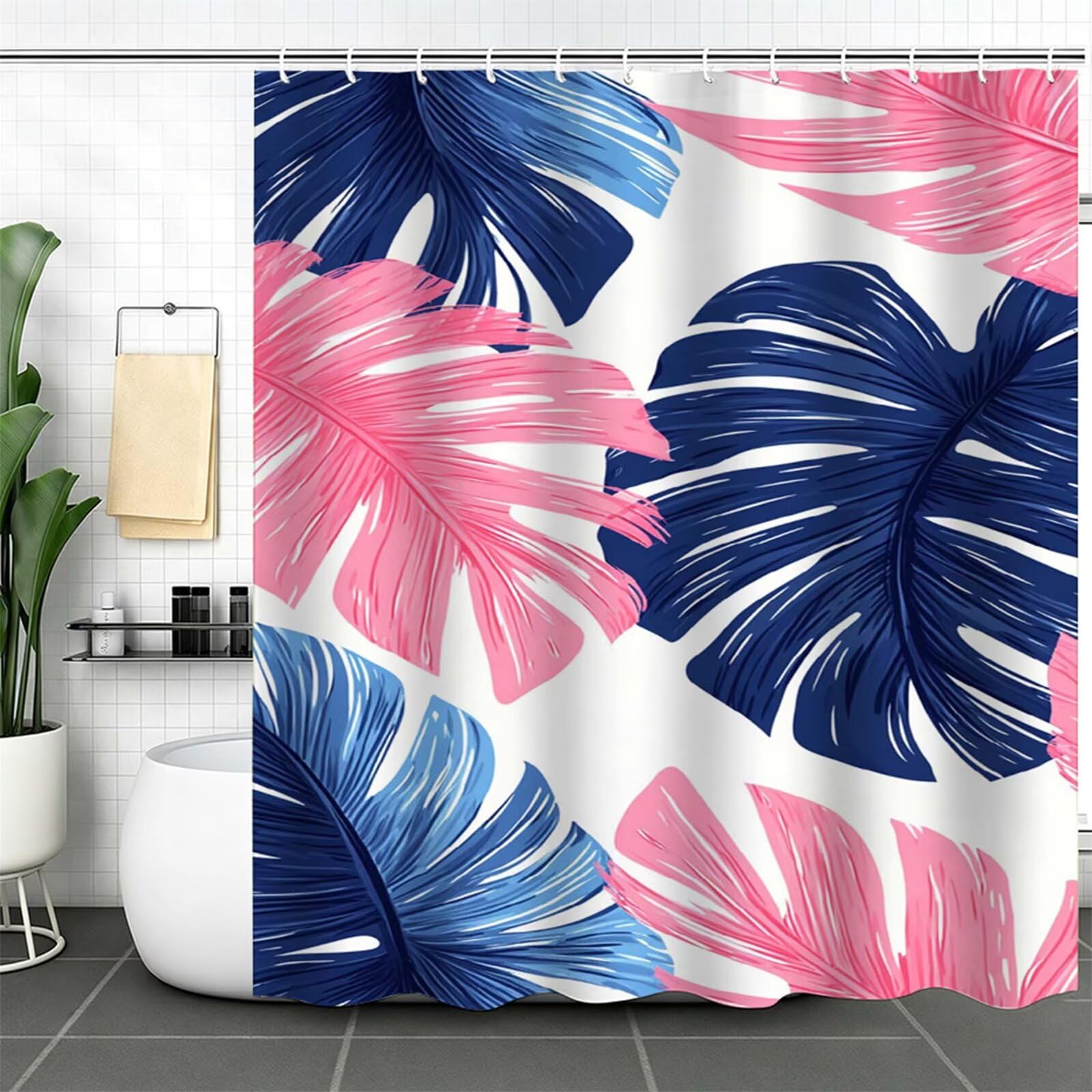 Duschvorhang 180x240cm, Duschvorhang Badewanne Hellrosa, Shower Curtain mit Ösen und 12 Duschringen, Beschwerter Saum, Maschinenwaschbar, Schnell Trocknend, Wasserdicht Polyester, Blätter J-755