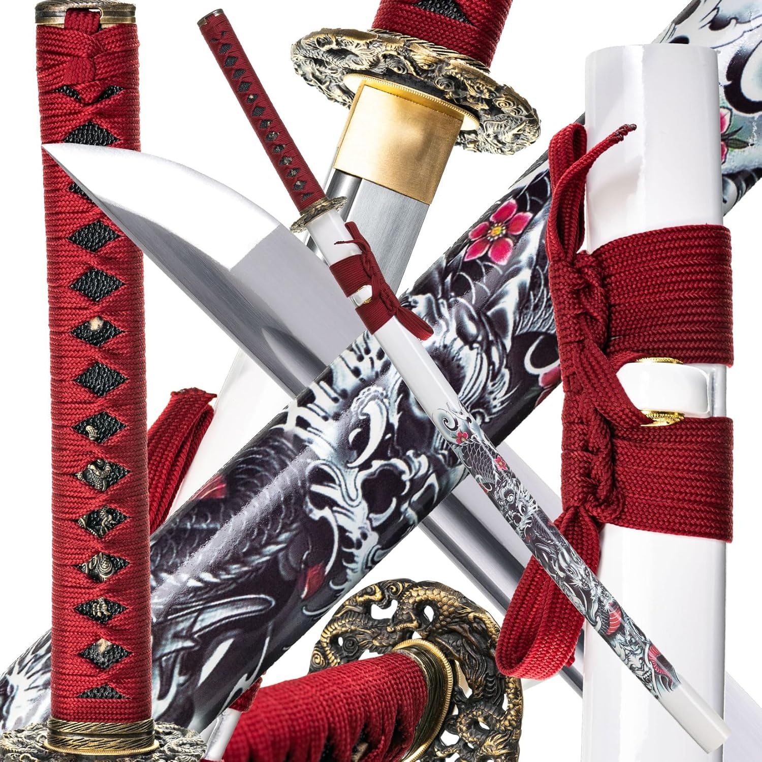 Hand-Sharpened 1060 High Carbon Steel Samurai Sword for Display Collection, Iaido Practice, Gift for Men, Home Decor White Saya with Dragon Design