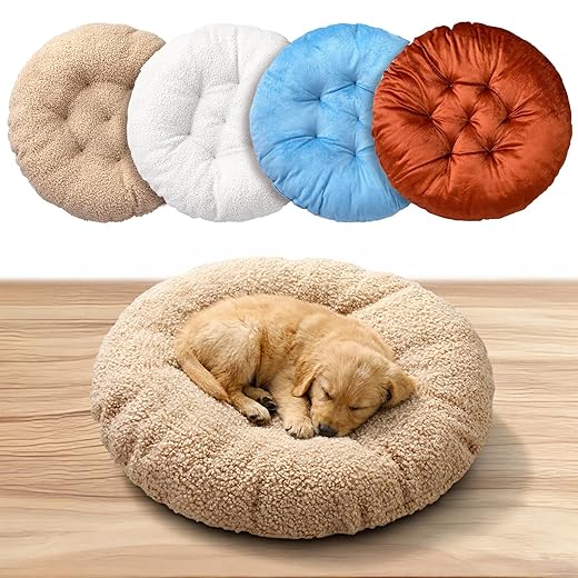 4 Pcs 20 Inch Round Dog & Cat Bed, Soft Bed Pet Crate Pads for Dogs Fluffy Warm Washable Pillow Cushion for Small and Medium Pets Cats (Brown, Blue, White, Beige)