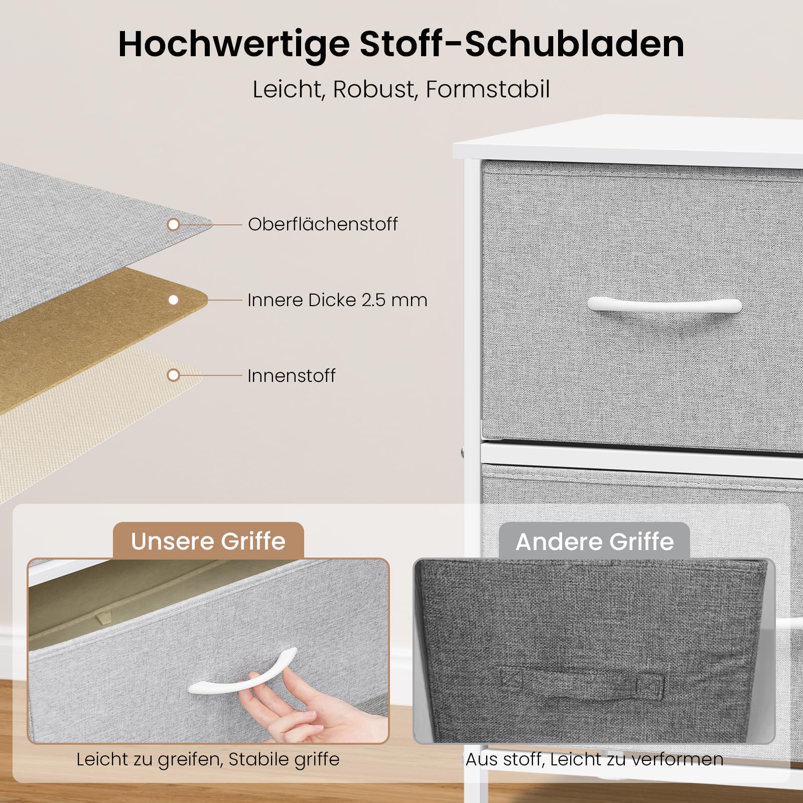 WOLTU Kommode mit 5 Schubladen aus Stoff, Kommodenschrank Sideboard TV-Schrank, für Wohnzimmer Schlafzimmer Flur, aus Metallrahmen Holzwerkstoff, Hellgrau+Weiß, SSK005hgws