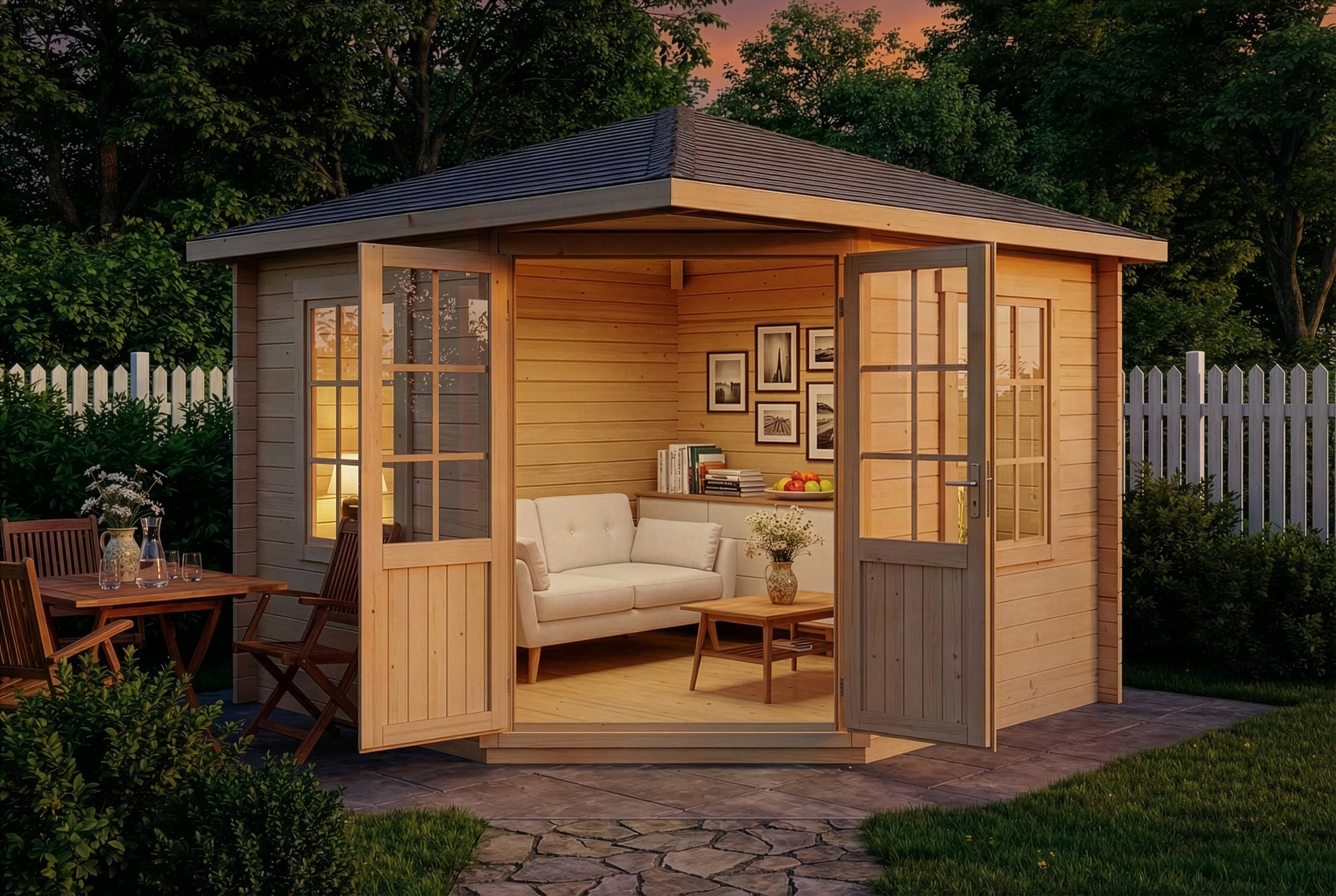 Alpholz 5-Eck Gartenhaus Monica aus Massiv-Holz, Gerätehaus mit 28 mm Wandstärke, Garten Holzhaus inklusive Montagematerial, Geräteschuppen Größe: 300 x 300 cm, Spitzdach
