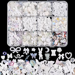 850 Pieces 3D Butterfly Rose Flower Bow Rabbit Bear Nail Charms Kit with Nail Art Rhinestones Pearls Crystal Gems Nail Slices for Manicure DIY Crafts Jewelry Accessories (White)