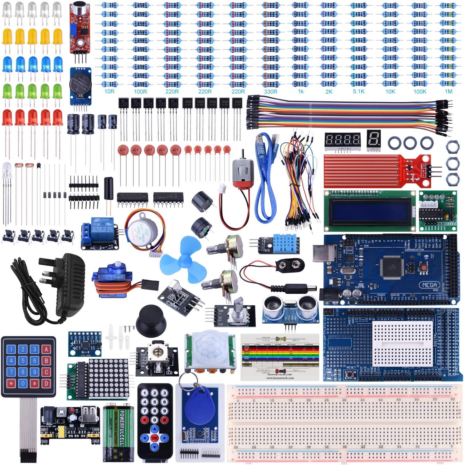 Arduino Mega2560 UNO Kit with Tutorials, Complete Starter Kit with 5V Relay Module, Resistance Card, DC Motor, Motion Detector and More UA003 (242 Items)