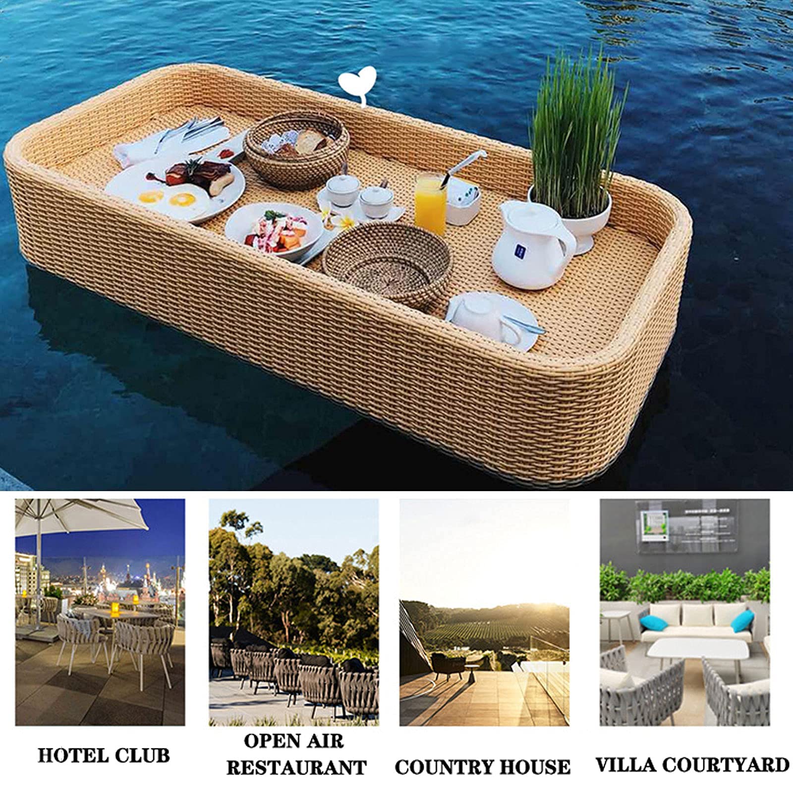 Plateau de Service tissé en rotin Plateau Alimentaire avec poignées Plateau Flottant Plateau de Service Flottant de Luxe Table Bar Piscine Plateau Flottant pour Piscine Servant des Boissons