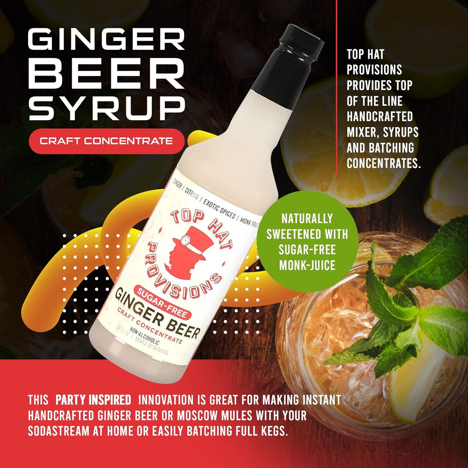 Top Hat Keto Sugar Free Ginger Beer Syrup & Moscow Mule Mix - Naturally Sweetened with Monk Fruit - Craft Soda Mixer Ginger Syrup for Cocktail Drinks - Just Add Seltzer Water - 2 Pack of 32oz Bottles