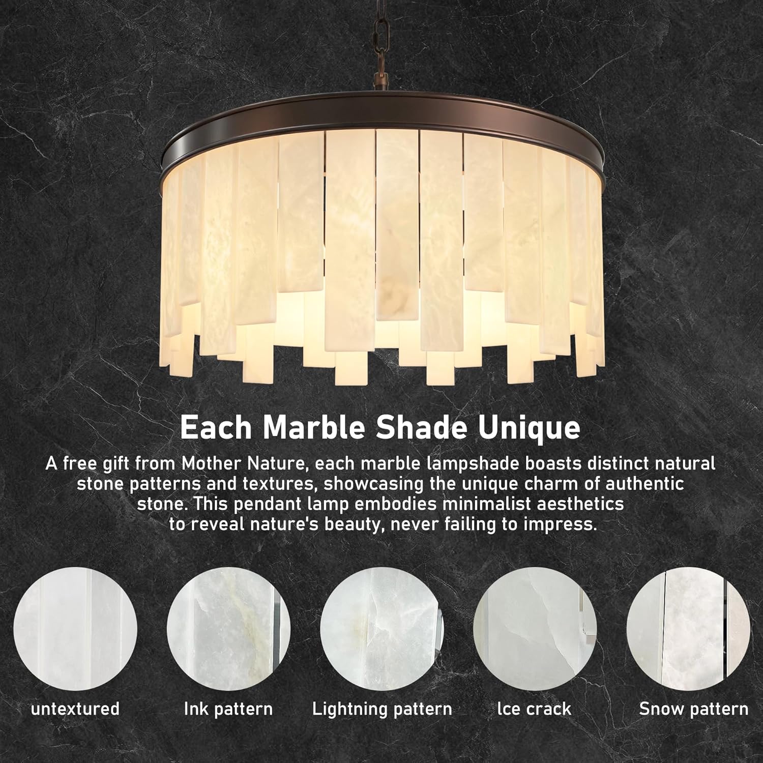 6-Light Alabaster Chandeliers for Dining Room, 23.9" Modern Black & Brown Spanish Natural Marble Pendant Light Luxury Round Alabaster Hanging Ceiling Light Fixture for Living Bedroom Kitchen