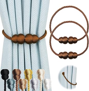 Magnetic Curtain Tiebacks 2 Pack Rope Decorative Curtain Tie Backs Elegant Curtain Holders for Drapes Outdoor Window Treatment Holdbacks, Coffee