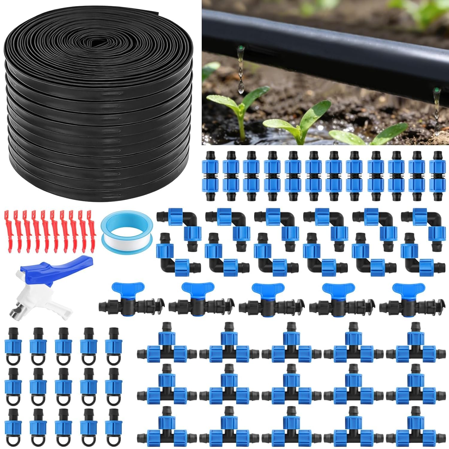 500FT 5/8" Drip Tape Irrigation Kit Kalolary Drip Tape with 6" Hole Spacing Includes Drip System Parts for Efficient Garden, Farm, Lawn, and Greenhouse Watering System